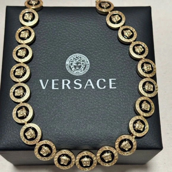 Versace Gold Medusa Charm Chain Necklace with Black Logo Backdrop - Picture 2 of 5